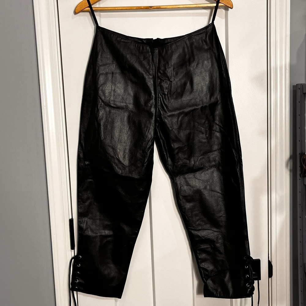 Womens Leather Capri Pants Black Lace Up Lower Legs Size Small Euro Chic Edgy